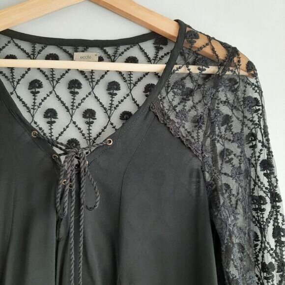 ECOTE Boho Floral Lace Tassel Tie Semi-Sheer Tunic Blouse Black Sz S - Picture 5 of 15